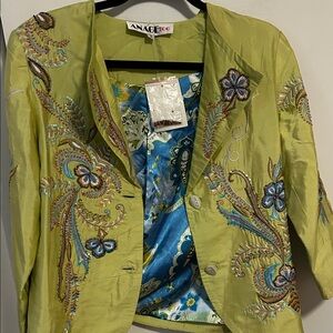 Anage Women's Olive Embroidered beaded Blazer small nwt